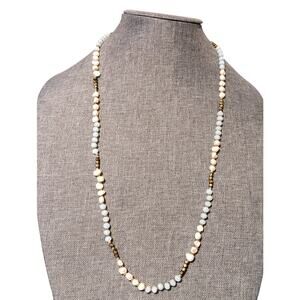 Beachy Faceted Aquamarine Glass Freshwater Pearl Beaded Stretch Necklace